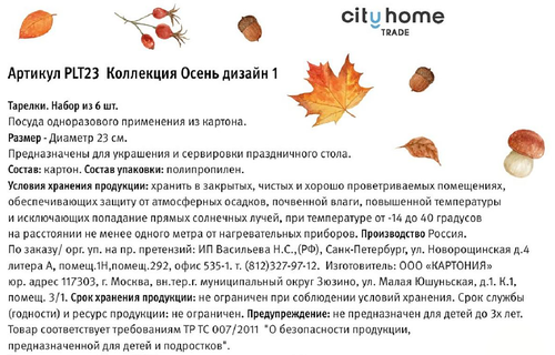 Тарелки бумажные CITY HOME TRADE Осень 23см, Арт. PLT23, 6шт, крупный план