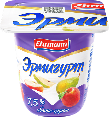 Продукт йогуртный EHRMANN Эрмигурт Экстра с яблоком и грушей 7,5%, без змж, 100г, изображение