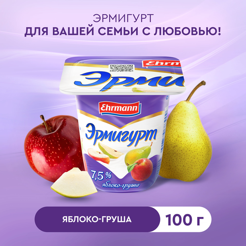 Продукт йогуртный EHRMANN Эрмигурт Экстра с яблоком и грушей 7,5%, без змж, 100г, крупный план