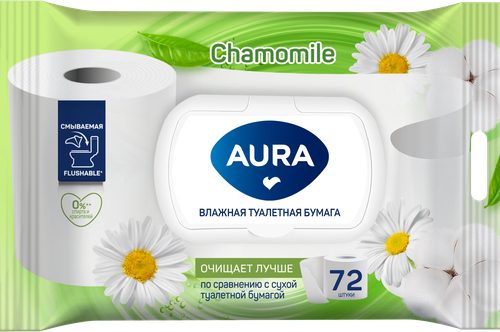 Бумага туалетная влажная AURA Nice с ромашкой, 72шт, вид
