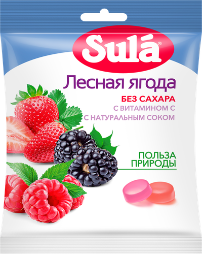 Карамель леденцовая SULA Лесная ягода со вкусом малины, клубники и ежевики, без сахара,60г, картинка