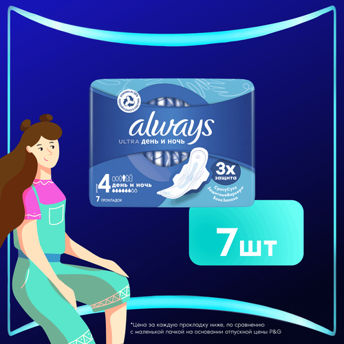 Прокладки ночные ALWAYS Ultra Night, с крылышками, 7шт, детальное фото