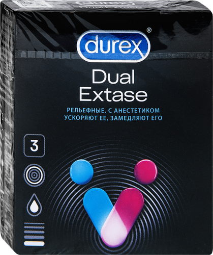 Презервативы DUREX Dual extase с анестетиком, рельефные, вариант 2, 3шт, изображение