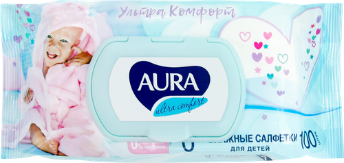 Салфетки влажные детские AURA Ultra comfort с экстрактом алоэ и витамином Е, 100шт, крупный план