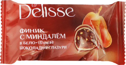 Конфеты DELISSE Финик с миндалем в бело-темной шоколадной глазури, весовые, крупный план