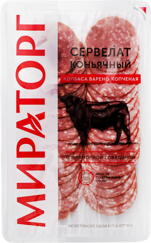 Колбаса варено-копченая МИРАТОРГ Сервелат Коньячный, нарезка, 100г, вид