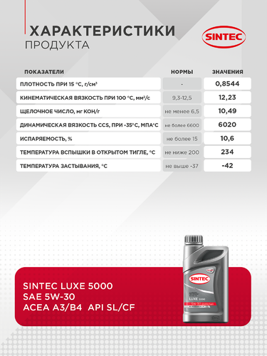 Масло моторное SINTEC Luxe 5000 5W-30 SL/CF, полусинтетическое, 1л, изображение