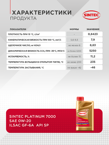 Масло моторное SINTEC Platinum 7000 0W-20 GF-6А, синтетическое, 1л, фотография