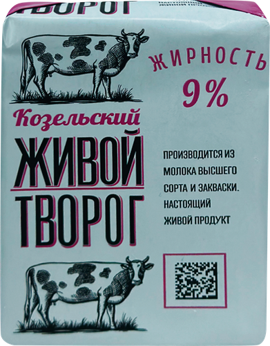 Творог КОЗЕЛЬСКОЕ МОЛОКО 9%, без змж, 180г, крупный план