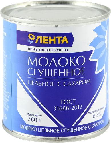 Молоко сгущенное ЛЕНТА цельное с сахаром 8,5% без змж, 380г, картинка