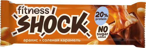 Батончик протеиновый FITNESSHOCK Арахис-карамель, глазированный, без 
сахара, 50г, крупный план