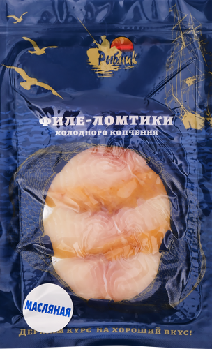 Масляная рыба холодного копчения РЫБНИК ломтики, 100г, крупный план