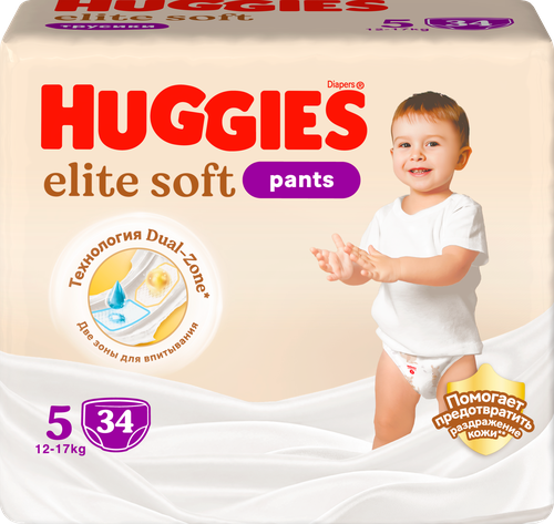 Подгузники-трусики HUGGIES Elite Soft 5 12–17кг, 34шт, фотография
