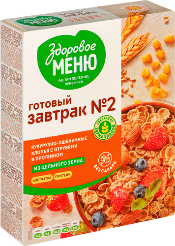 Хлопья кукурузно-пшеничные ЗДОРОВОЕ МЕНЮ №2 из пророщенного зерна с отрубями и протеином, 200г, картинка