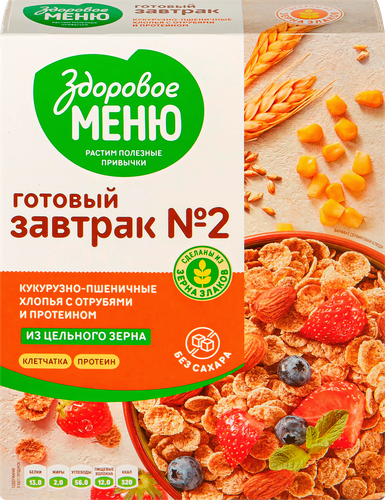 Хлопья кукурузно-пшеничные ЗДОРОВОЕ МЕНЮ №2 из пророщенного зерна с отрубями и протеином, 200г, картинка