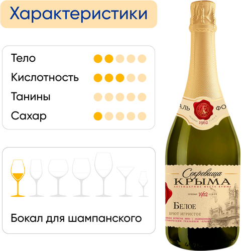 Вино игристое СОКРОВИЩА КРЫМА Крым Российское белое брют, 0.75л, картинка