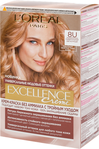 Краска для волос EXCELLENCE Creme 8U универсальный светло- русый, 192мл, крупный план