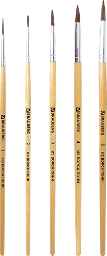Кисти BRAUBERG ворс пони, круглые, № 1,2,3,4,5, 5шт, детальное фото