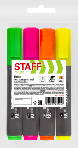 Набор текстовыделителей STAFF College Stick, 1-4мм, в ассортименте, 4шт, фото