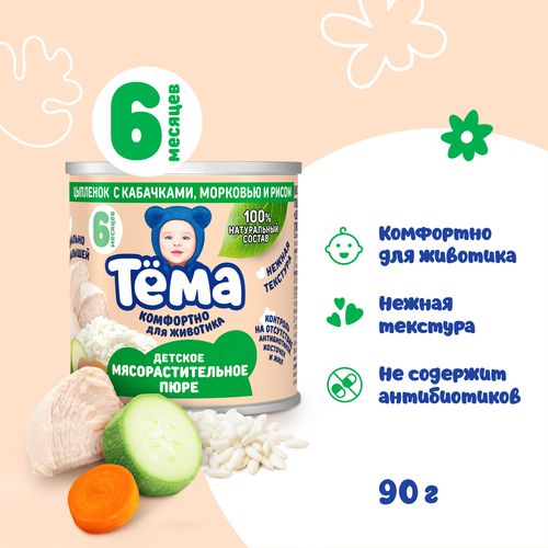 Пюре мясо-растительное ТЕМА Цыпленок с кабачками, морковью и рисом, с 6 месяцев, 90г, картинка