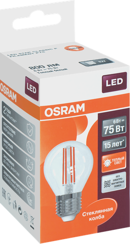 Лампа светодиодная OSRAM LED Star, 6Вт, E14, 2700К, теплый белый свет, шар, крупный план