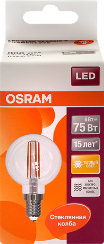 Лампа светодиодная OSRAM LED Star, 6Вт, E14, 2700К, теплый белый свет, шар, детальное фото