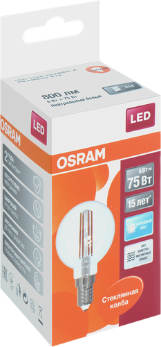 Лампа светодиодная OSRAM LED Star, 6Вт, E14, 4000К, нейтральный белый свет, шар, фото