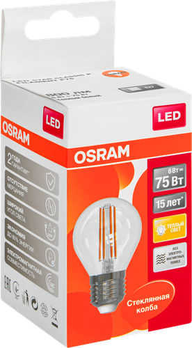 Лампа светодиодная OSRAM LED Star, 6Вт, E27, 2700К, теплый белый свет, шар, детальное фото