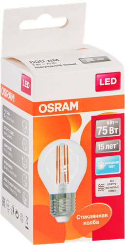 Лампа светодиодная OSRAM LED Star, 6Вт, E27, 4000К, нейтральный белый свет, шар, крупный план