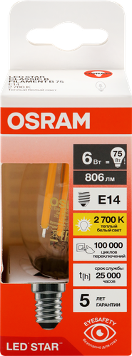 Лампа светодиодная OSRAM LED Star, 6Вт, 2700К, теплый белый свет, E14, колба B, изображение