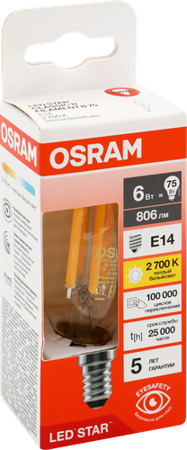 Лампа светодиодная OSRAM LED Star, 6Вт, 2700К, теплый белый свет, E14, колба B, фотография