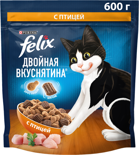 Корм сухой для взрослых кошек FELIX Двойная вкуснятина с птицей, 600г, картинка