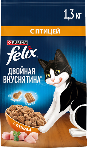 Корм сухой для кошек Felix Двойная вкуснятина с птицей, 1.3кг, крупный план