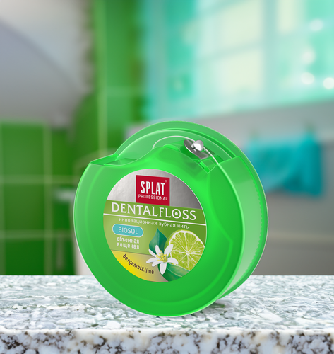 Зубная нить SPLAT Professional DentalFloss с ароматом бергамота и лайма, 30м, крупный план