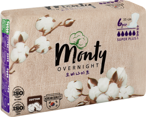 Прокладки MONTY Ultra Soft Overnight, 6шт, крупный план