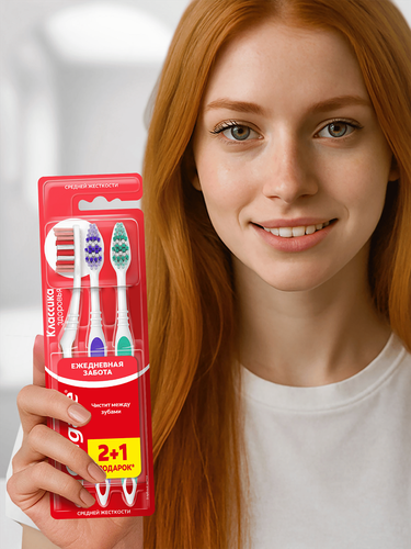 Зубная щетка COLGATE Классика здоровья многофункциональная, средней жесткости, 2+1, 3шт, детальное фото