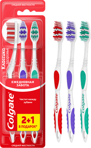 Зубная щетка COLGATE Классика здоровья многофункциональная, средней жесткости, 2+1, 3шт, фото