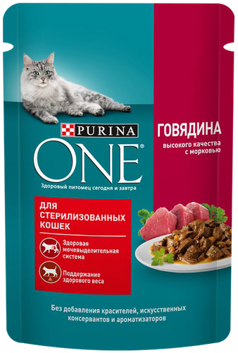 Корм влажный для взрослых кошек PURINA ONE Sterilised с говядиной и морковью в соусе, 75г, картинка