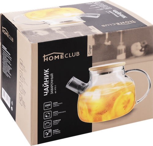 Чайник заварочный HOMECLUB Ginger, боросиликатное стекло, бамбук, крышка, 1л, фото