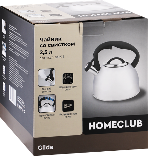 Чайник HOMECLUB Glide 2.5л, со свистком, нержавеющая сталь, нейлон, индукция, крупный план