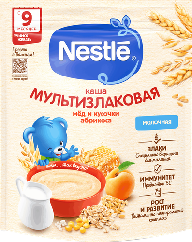 Каша мультизлаковая NESTLE молочная, с медом и абрикосом, с 9 месяцев, 200г, детальное фото