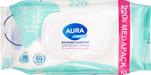 Салфетки влажные AURA FAMILY Для всей семьи, 220шт, крупный план