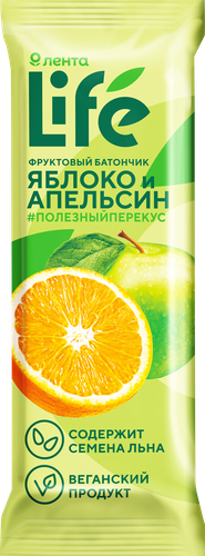Батончик фруктовый ЛЕНТА LIFE Яблоко и апельсин, 33г, крупный план