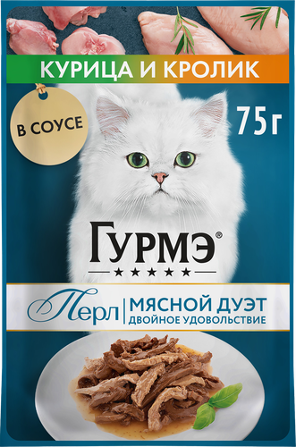 Корм влажный для взрослых кошек ГУРМЭ Перл Мясной Дуэт Курица и кролик в  соусе, 75г, картинка