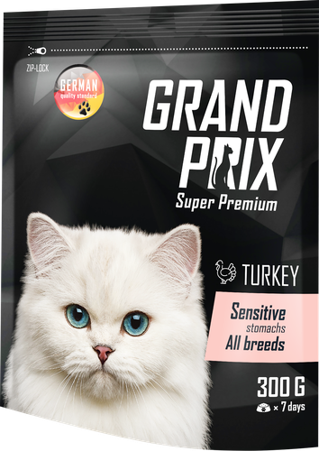 Корм сухой для взрослых кошек GRAND PRIX Sensitive с индейкой, для привередливых с чувствительным пищеварением, 300г, крупный план