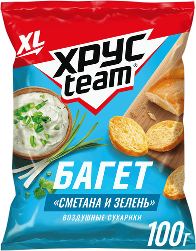 Сухарики воздушные ХРУСTEAM Багет Сметана-зелень, 100г, крупный план