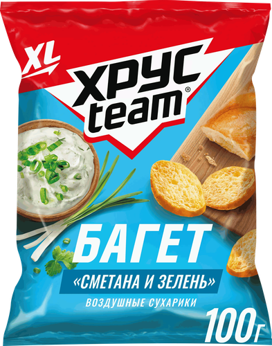 Сухарики воздушные ХРУСTEAM Багет Сметана-зелень, 100г, крупный план