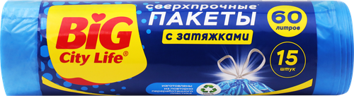 Пакеты для мусора BIG CITY LIFE Сверхпрочные, с затяжками, LD 60х64см, 60л, синий, 15шт, картинка