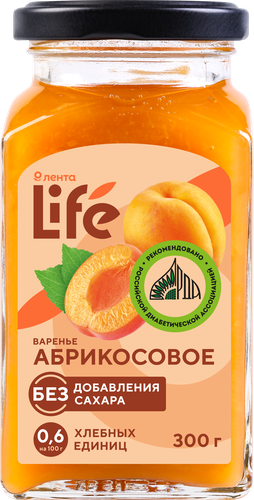Варенье ЛЕНТА LIFE Абрикосовое, без сахара, 300г, картинка