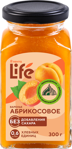 Варенье ЛЕНТА LIFE Абрикосовое, без сахара, 300г, фотография